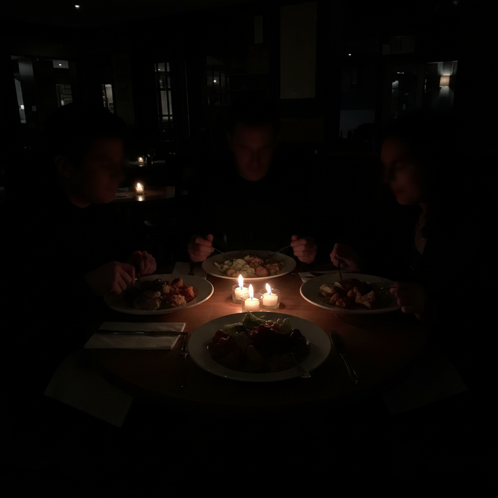 Nearly black restaurant photo with only small candles visible