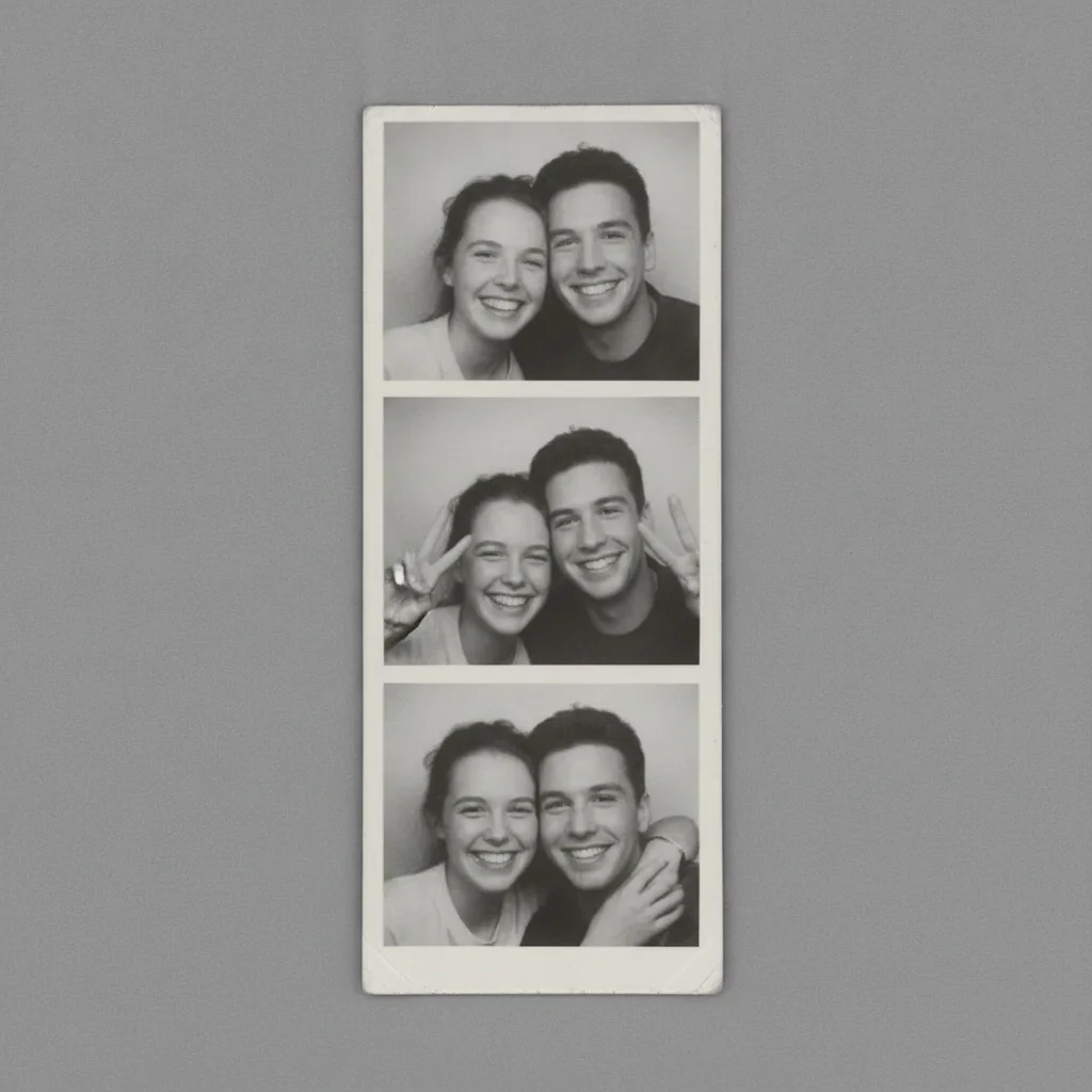 Restored photobooth strip with corrected color, sharpened faces in all three frames, scratch repaired, clear contrast