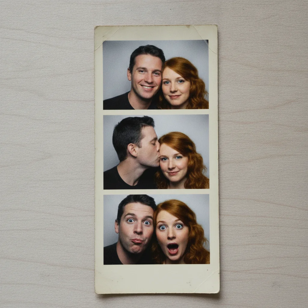 Colorized photobooth strip with three frames showing couple in natural skin tones, hair and clothing colors added, strip layout preserved