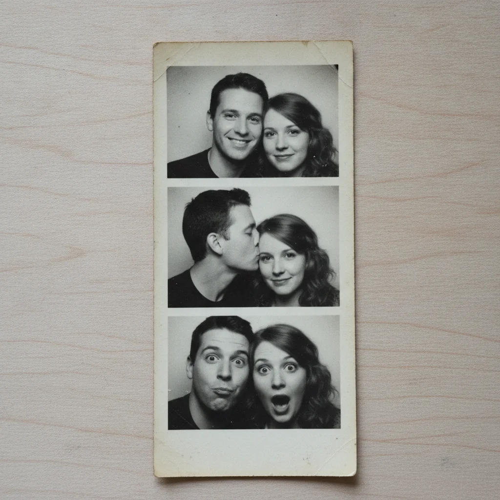 Black-and-white photobooth strip with three frames showing a couple, mild surface speckling, preserved original borders