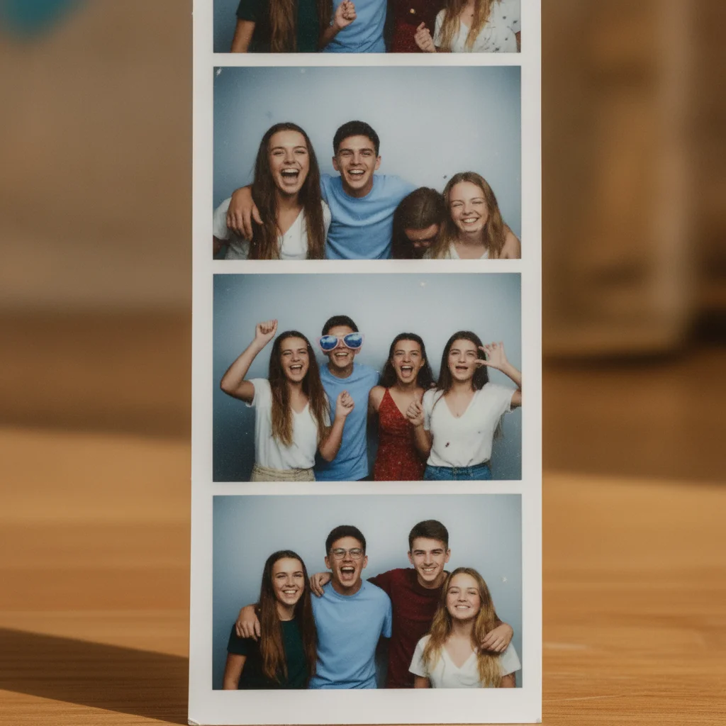 Restored photobooth strip with diagonal scratch repaired and filled, surface scratches removed, sharpened faces in all frames