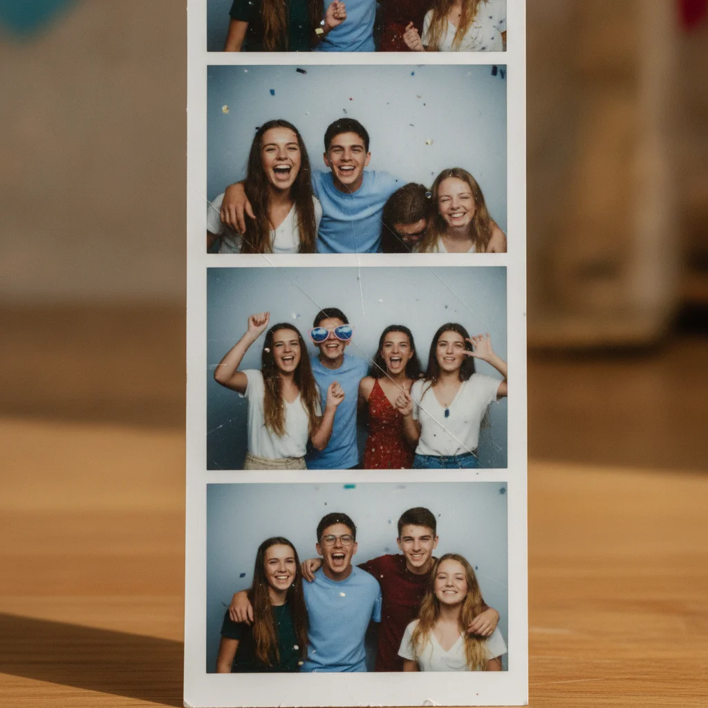 Color photobooth strip with four frames, prominent diagonal scratch across second frame, small scratches on other frames