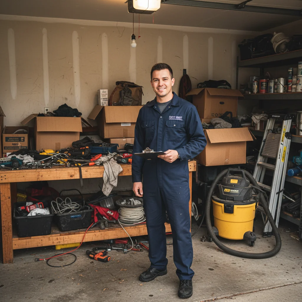 Technician in messy garage with cluttered background