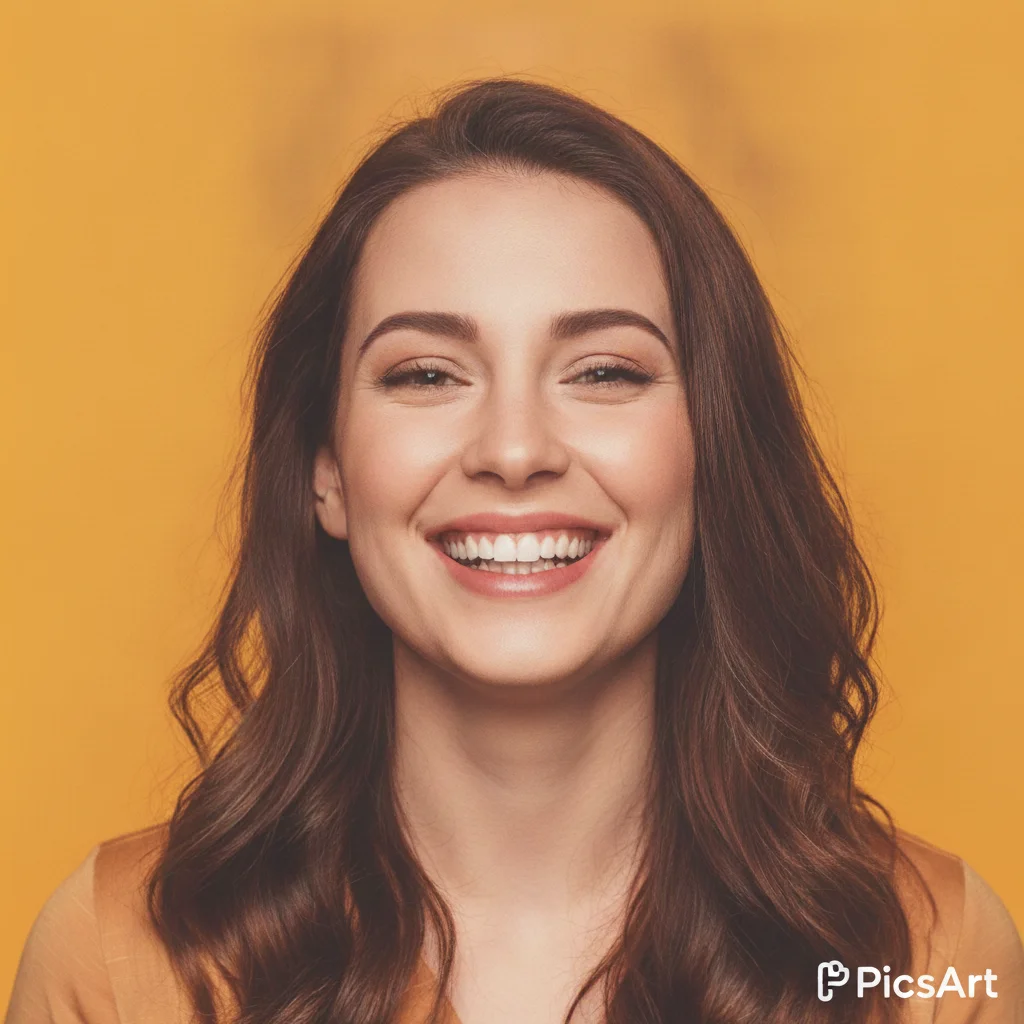 Portrait photo edit on bright yellow backdrop with small white PicsArt text watermark in bottom right corner