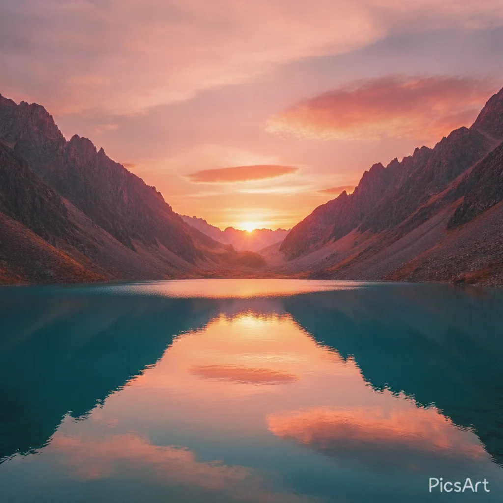 Stylized mountain lake photo edit with gradient sunset sky and PicsArt text watermark in bottom right corner