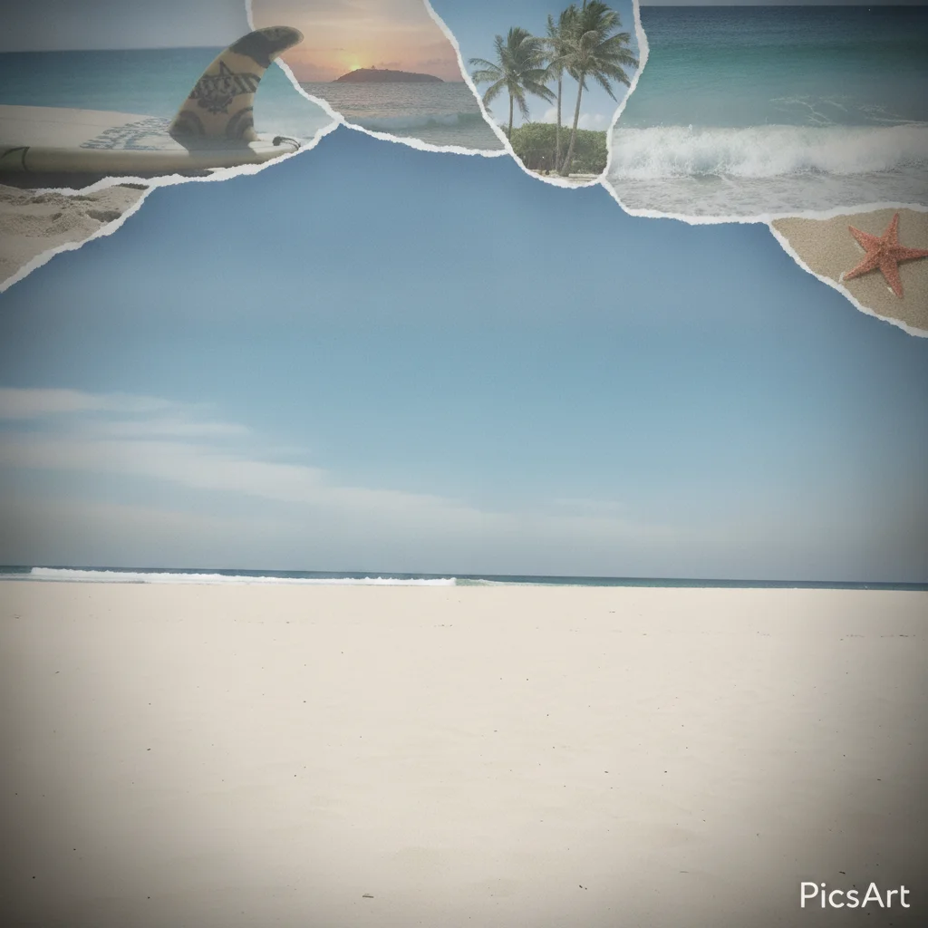 Beach photo collage edit with diagonal white PicsArt text watermark across the center-bottom