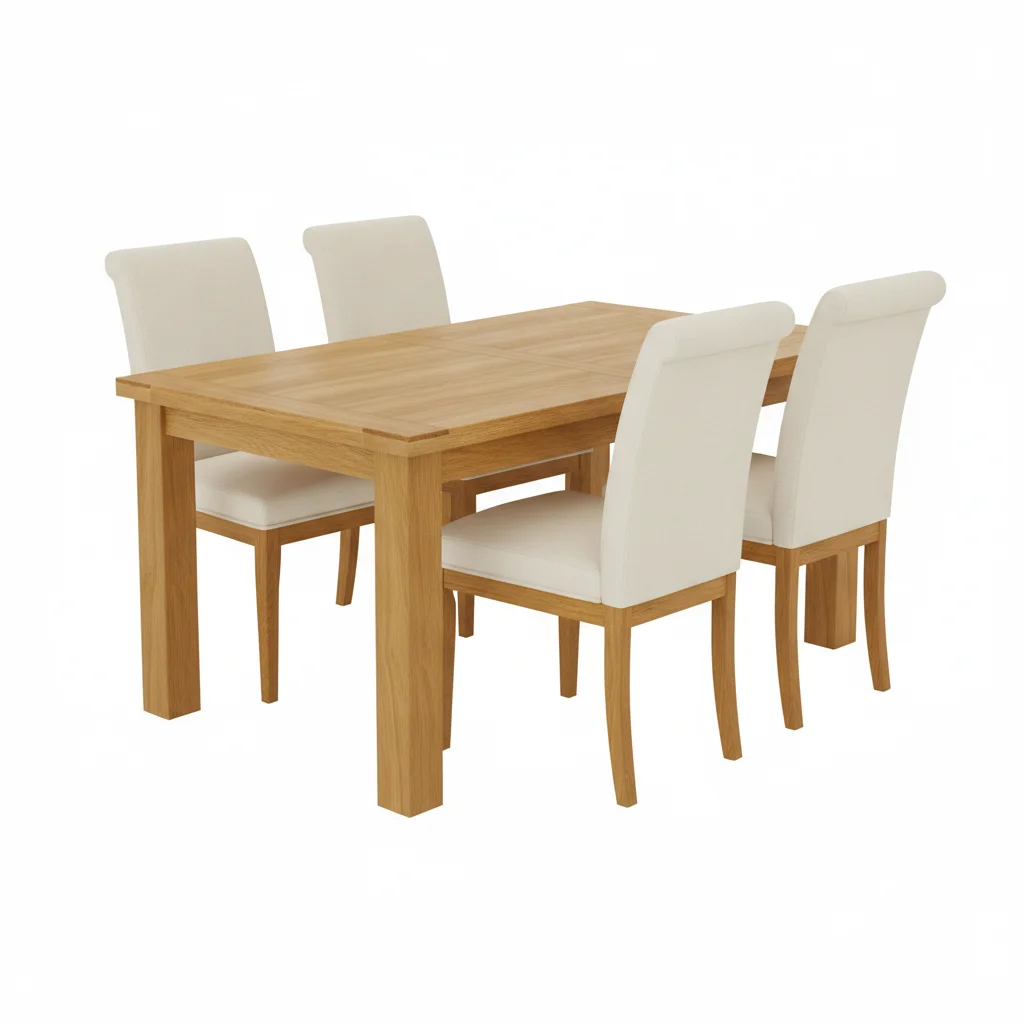 Product photo of the oak dining table and chairs on a white background