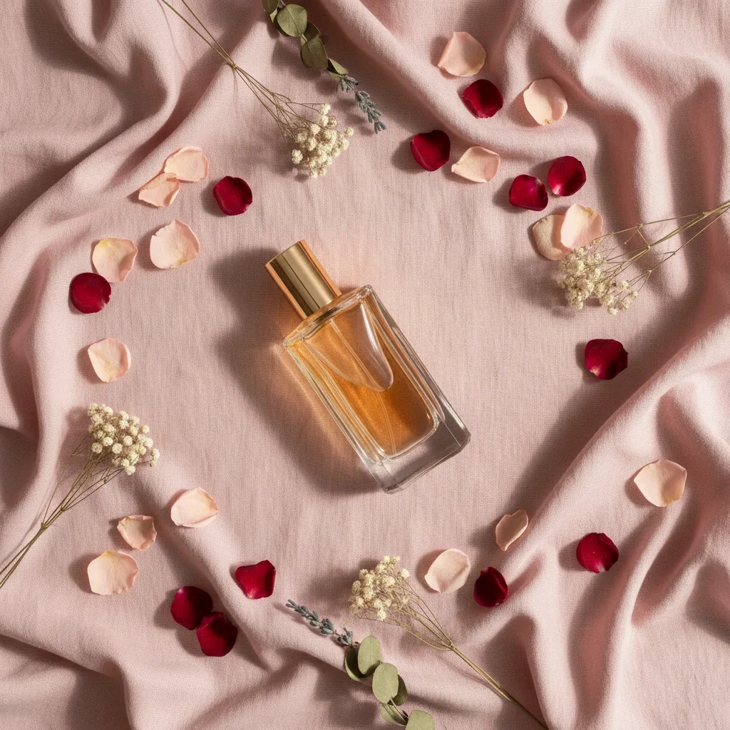 Same flat-lay with a perfume bottle placed at a deliberate angle with a long shadow