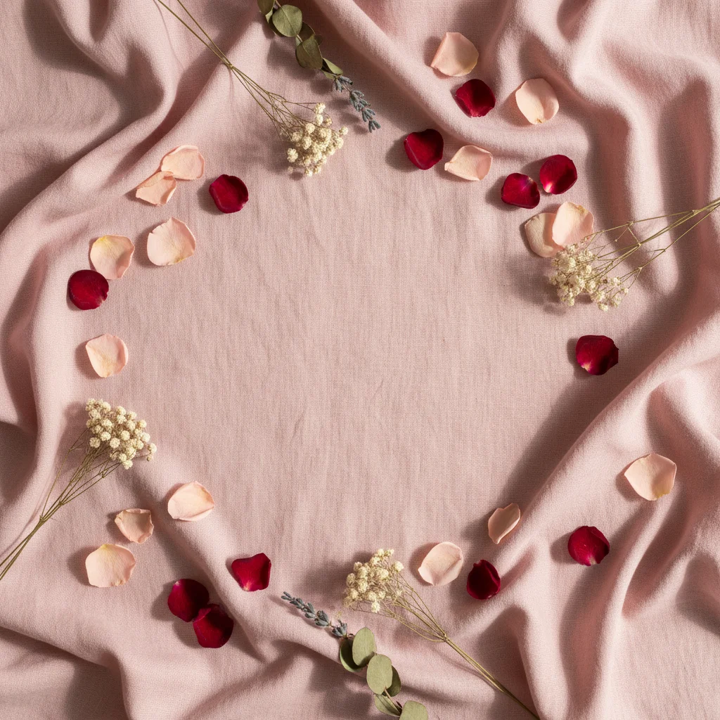 Styled flat-lay with pink linen and petals, empty center