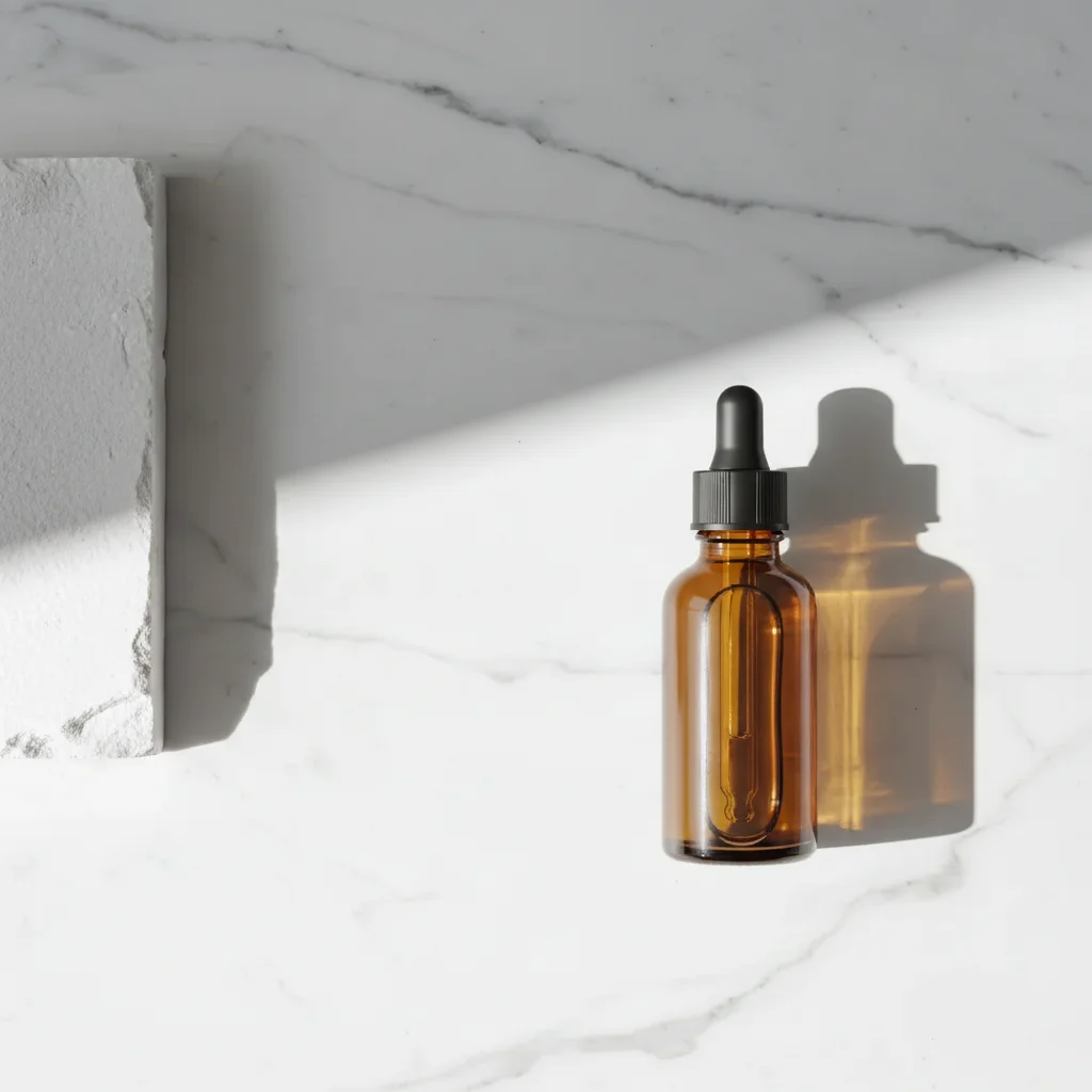 Same background with a skincare serum bottle placed with editorial composition
