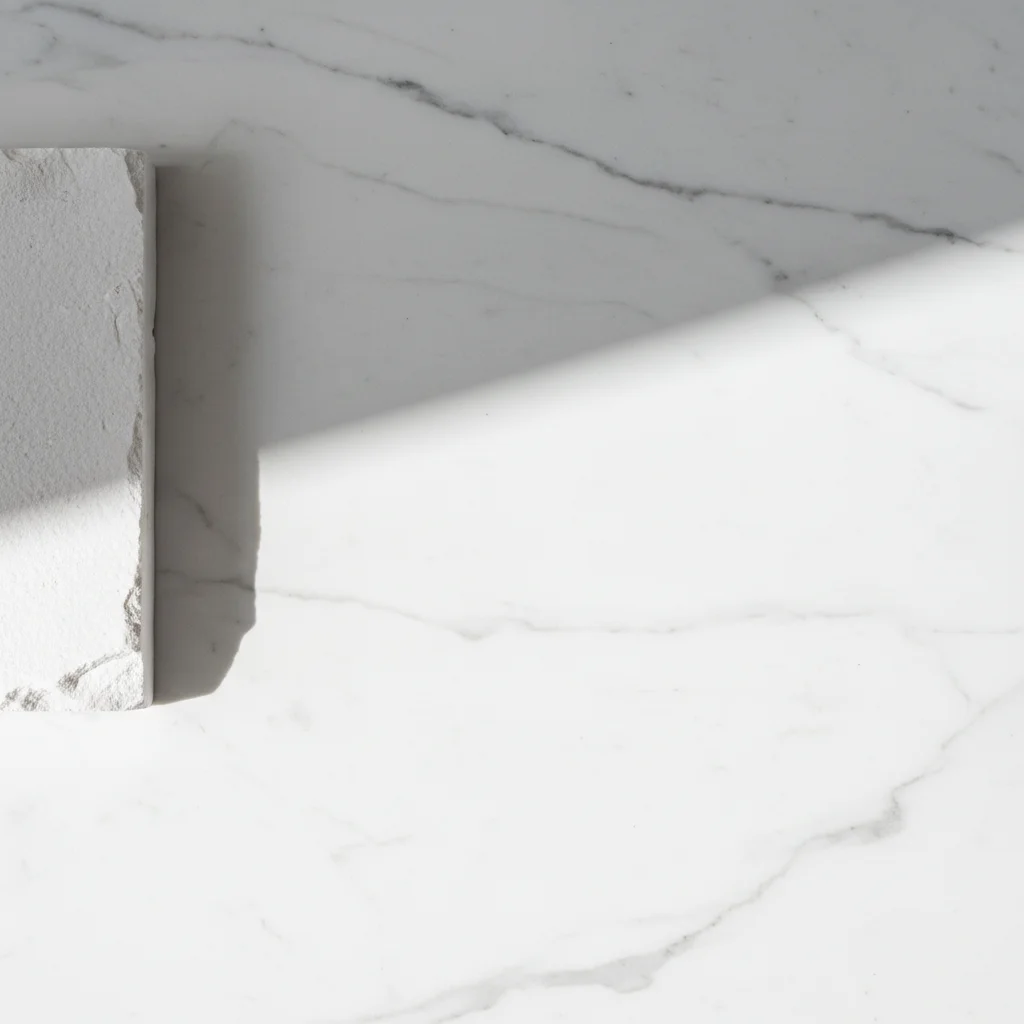 Clean white marble editorial background with dramatic side lighting
