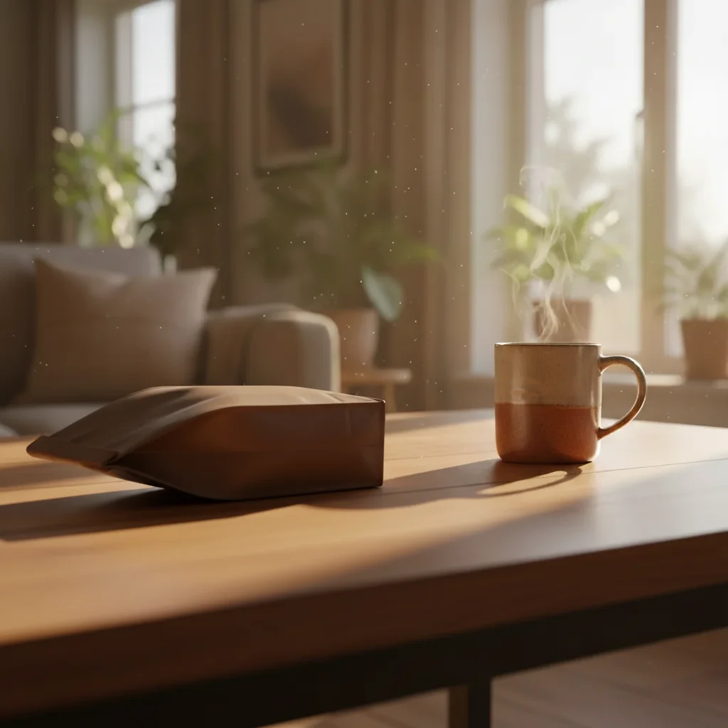 Same scene with a coffee bag casually placed in the foreground with morning light shadow