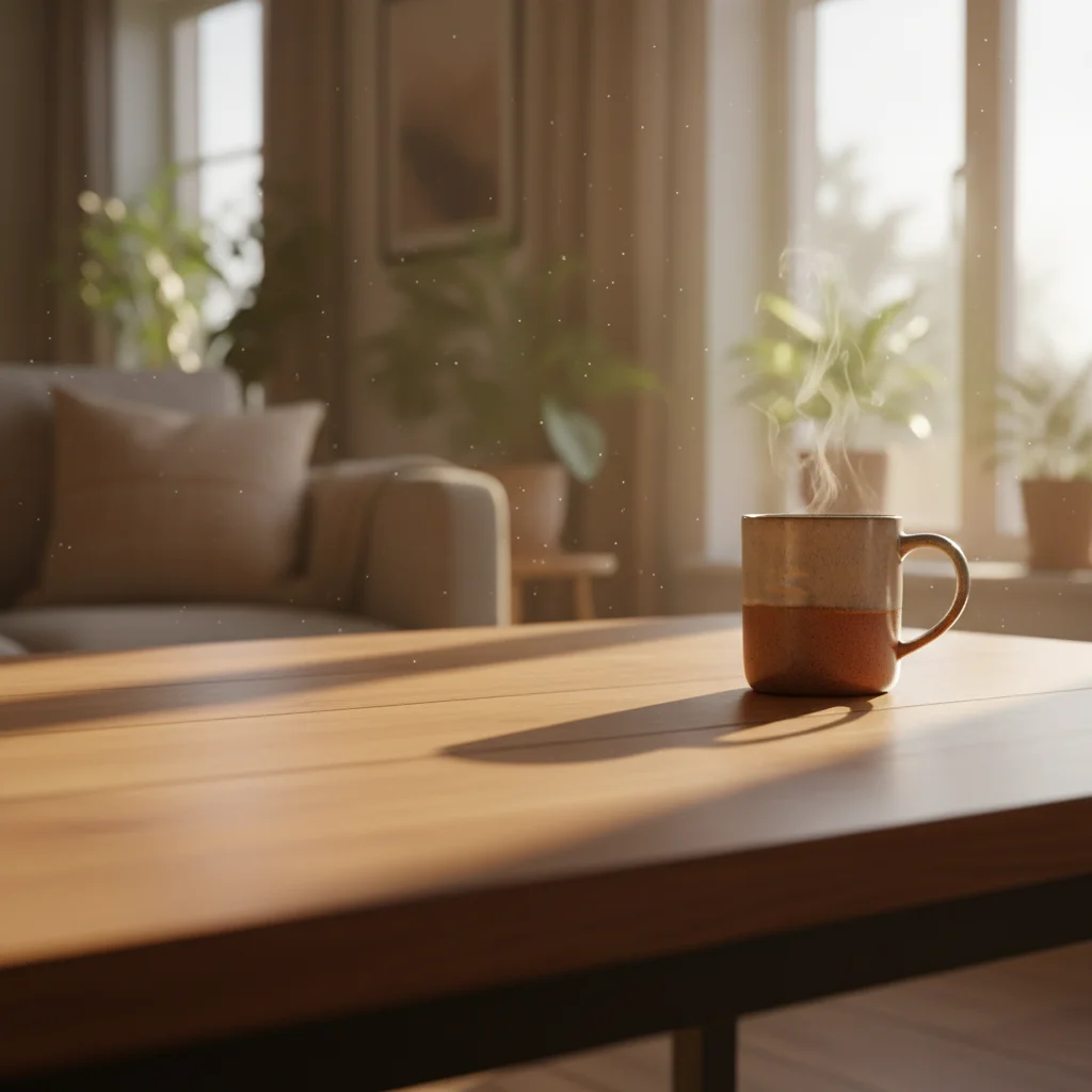 Morning lifestyle table scene with warm light and empty foreground left