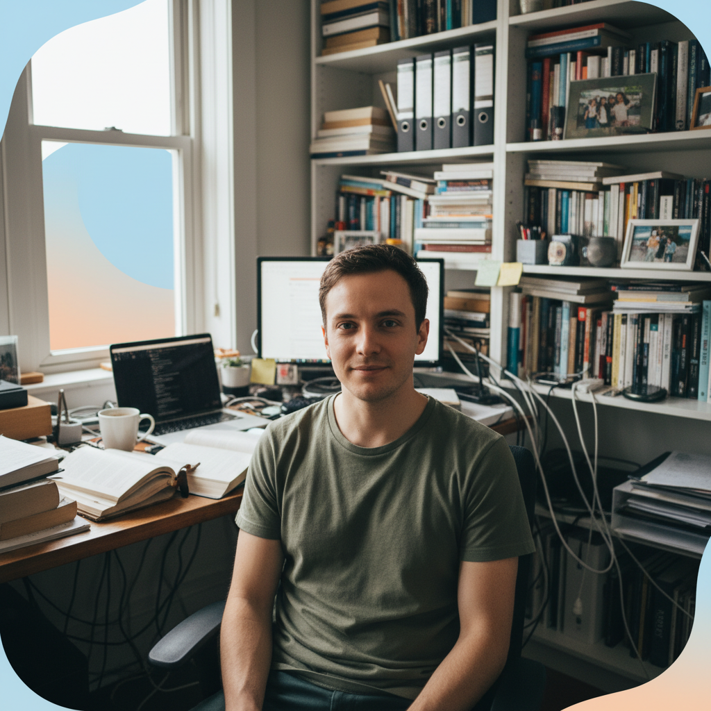 Casual home office photo with cluttered background