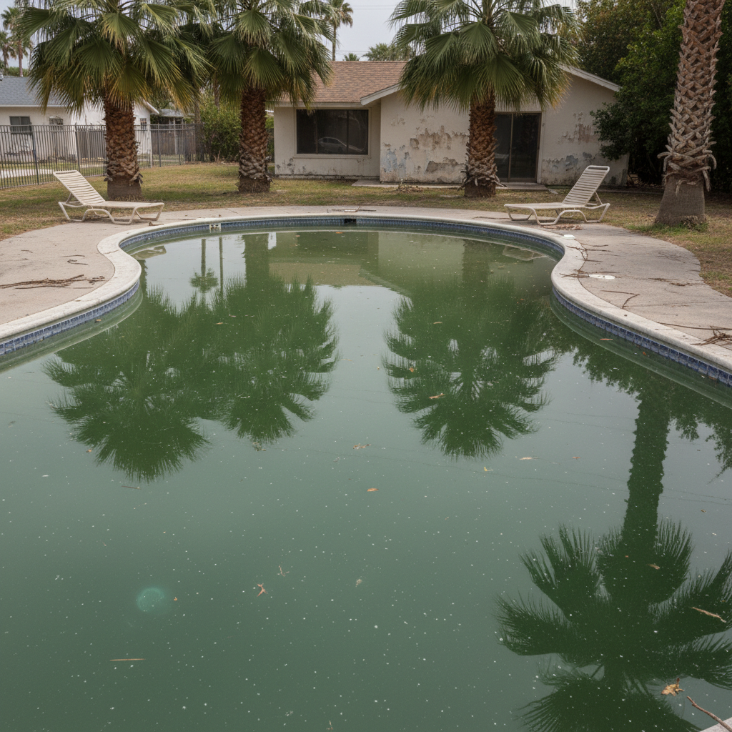 Vacation rental pool with murky cloudy water