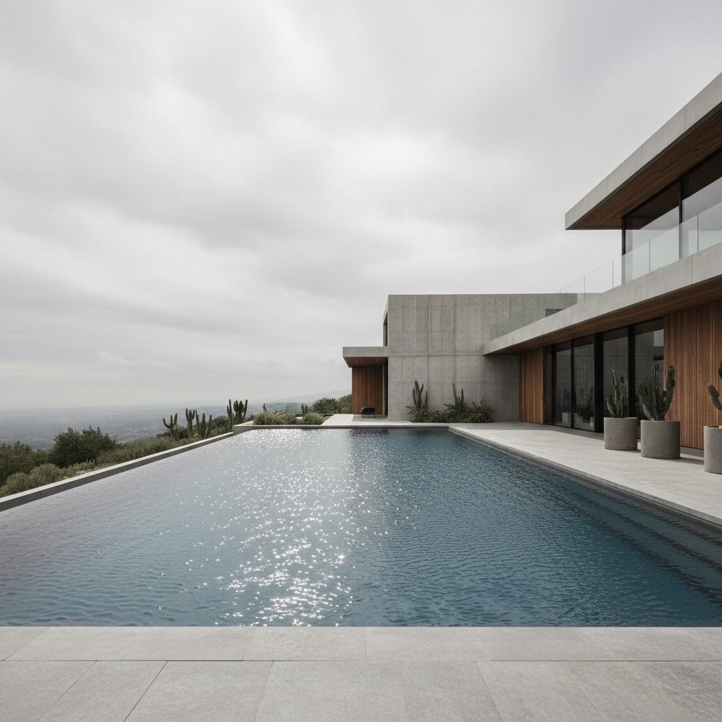 Same pool with deep blue water and sun reflections dancing on surface
