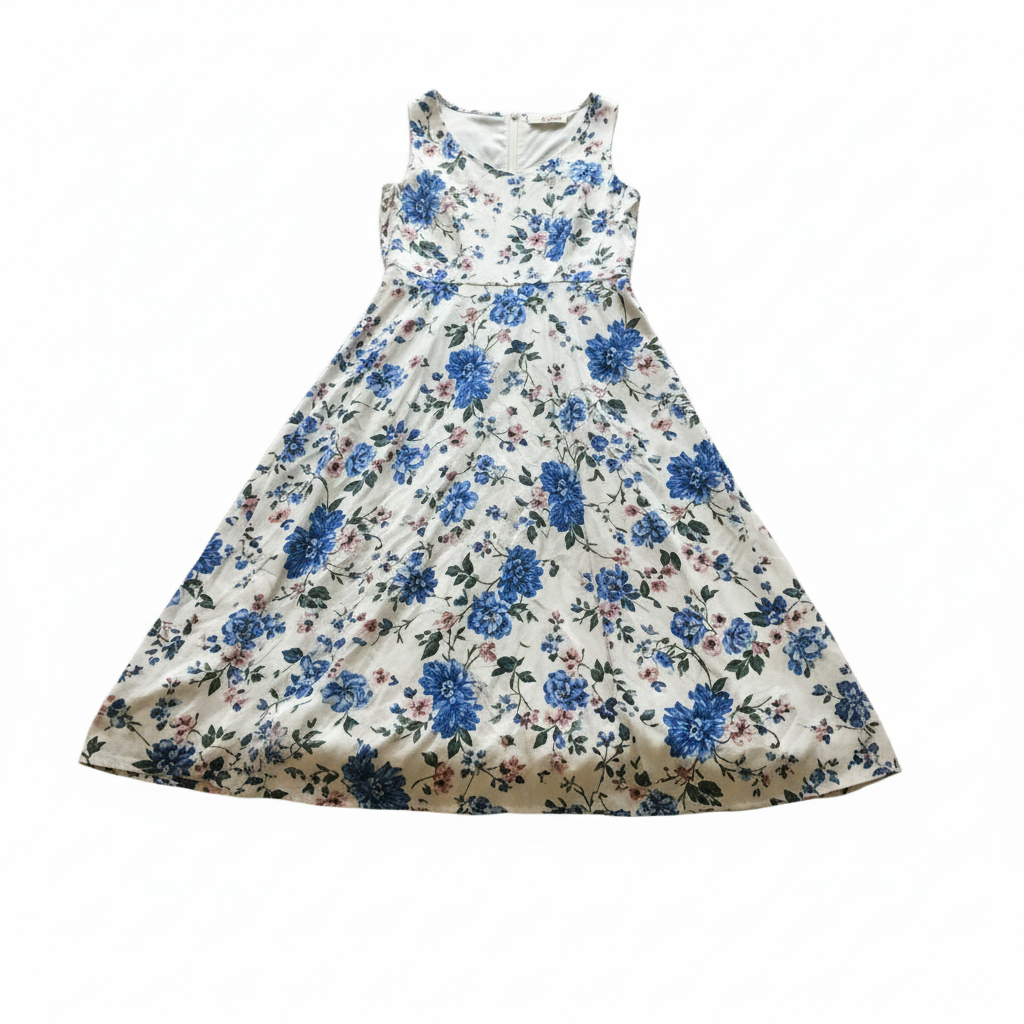 Same floral dress on clean white background looking boutique-ready