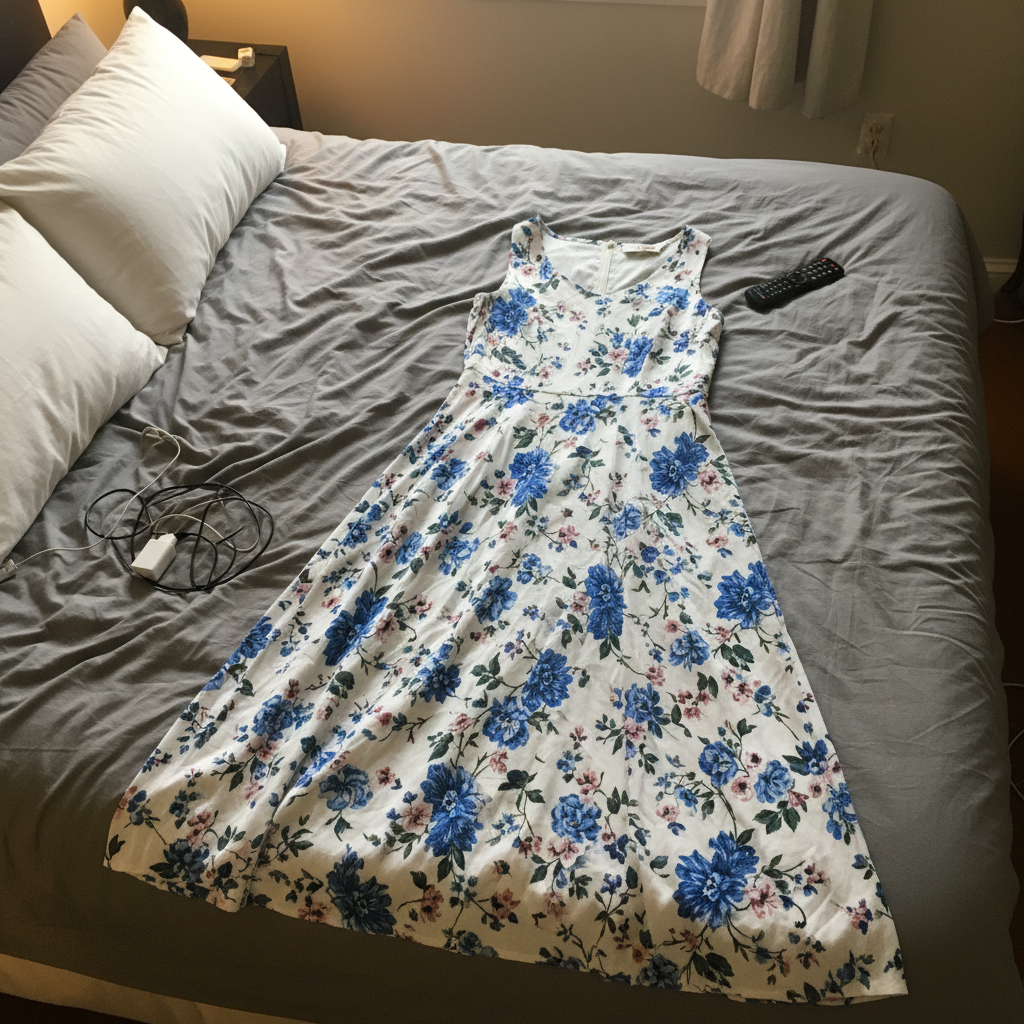 Floral dress on wrinkled bedsheet with bedroom clutter visible