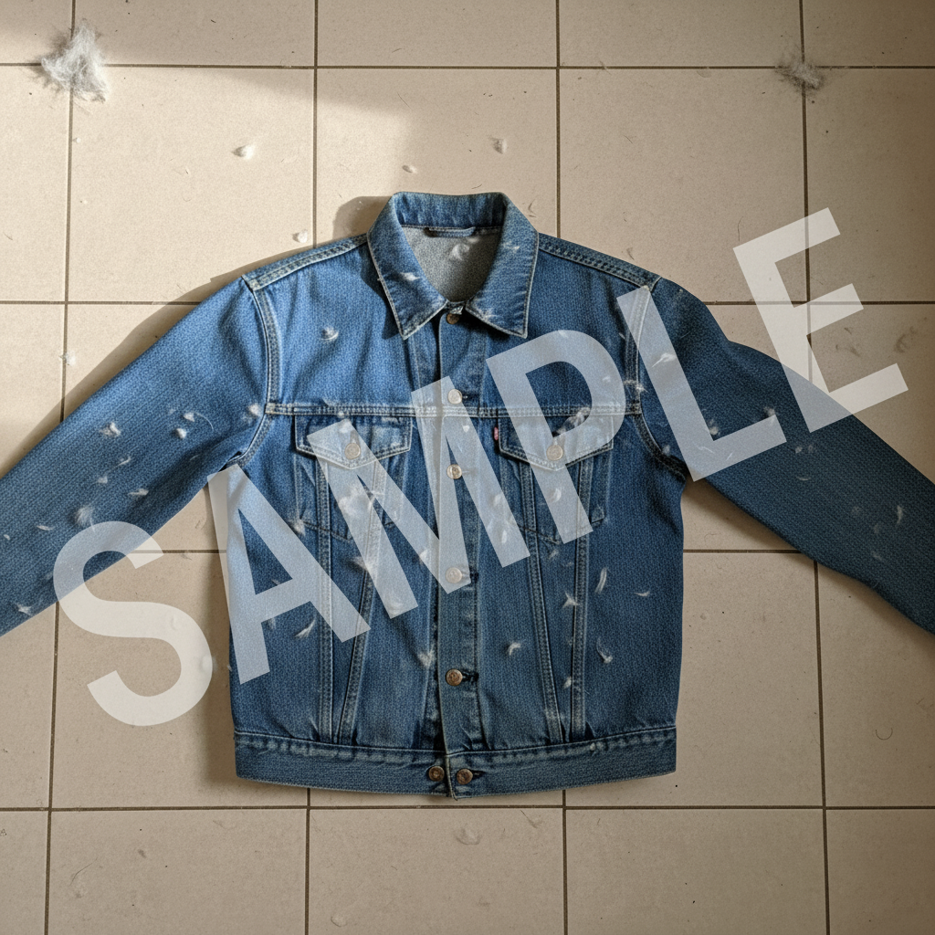 Denim jacket on floor tiles with pet hair and dust visible