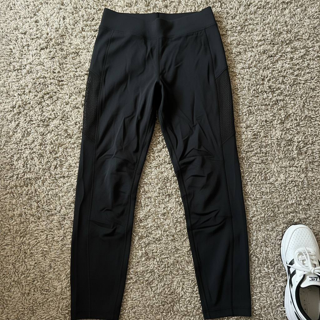 Athletic leggings on carpet with wrinkles and sneaker visible