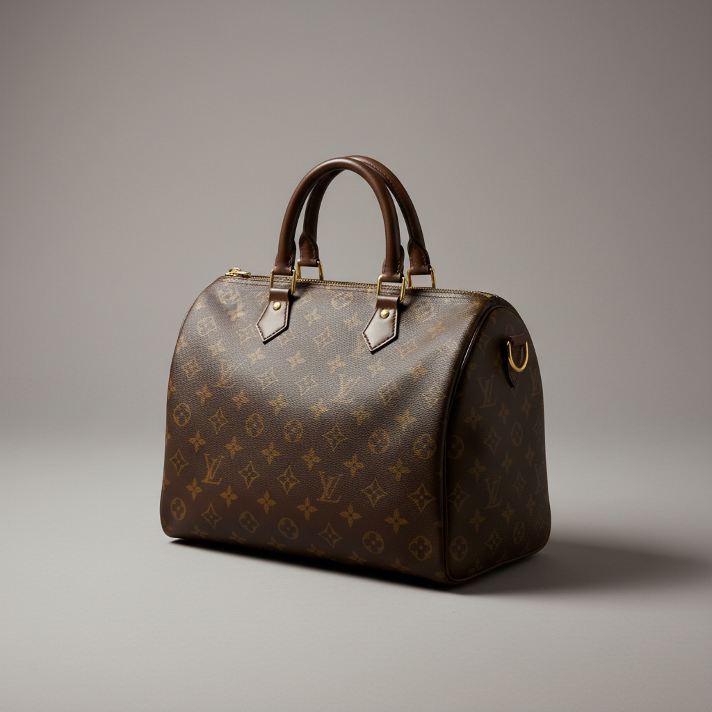 Same handbag on elegant gray backdrop with professional lighting