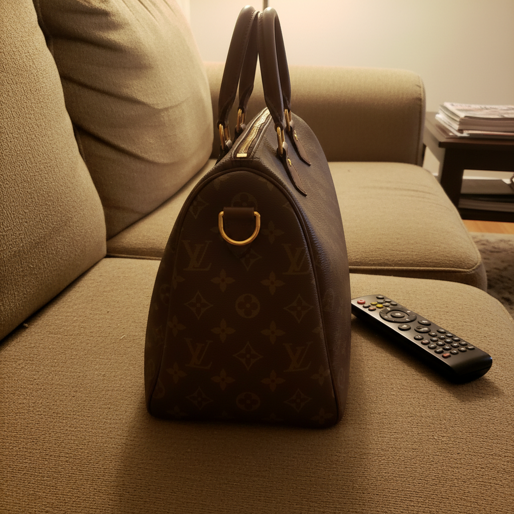 Designer handbag on tan couch with remote control visible