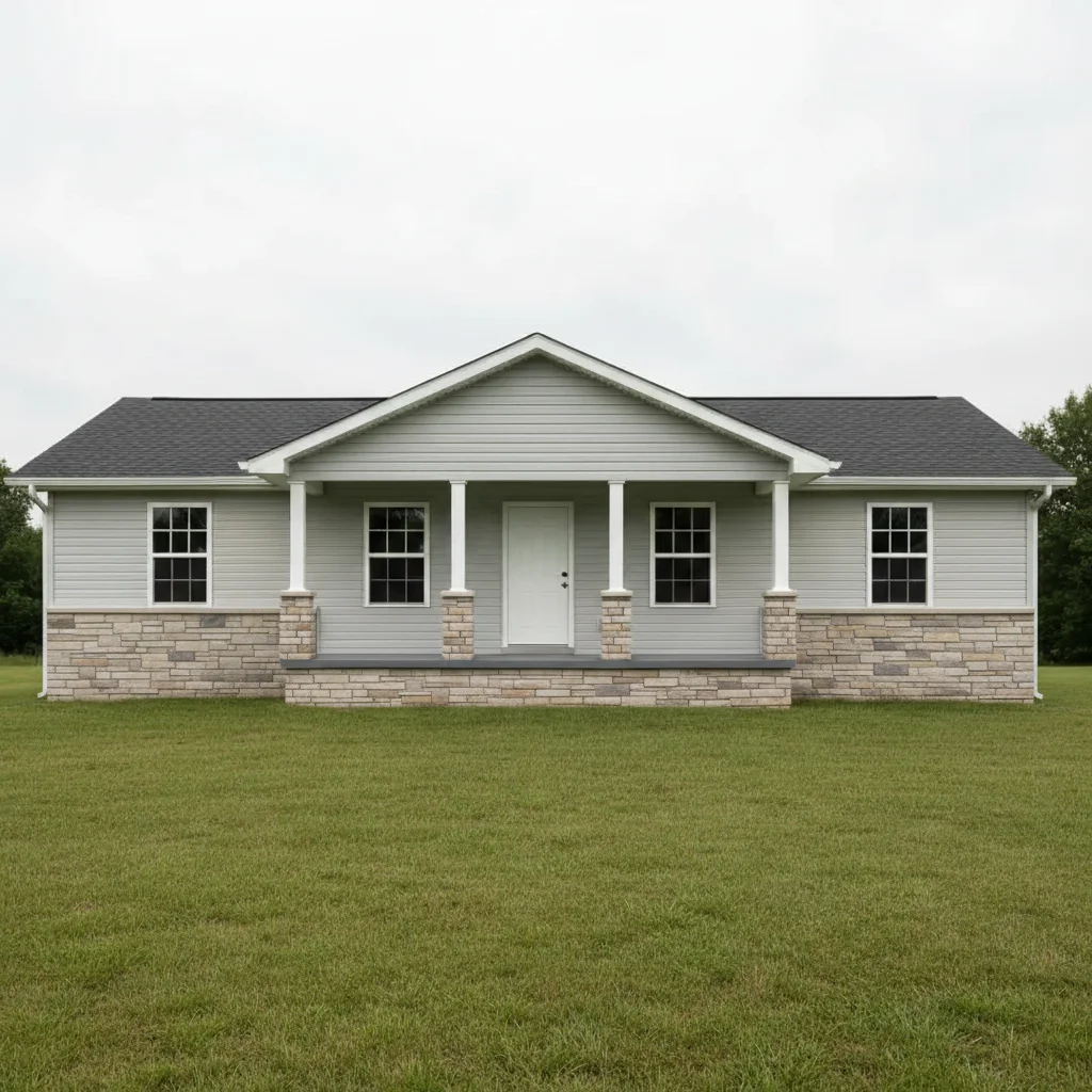 Same ranch house with stacked ledgestone veneer applied to foundation and column bases from reference
