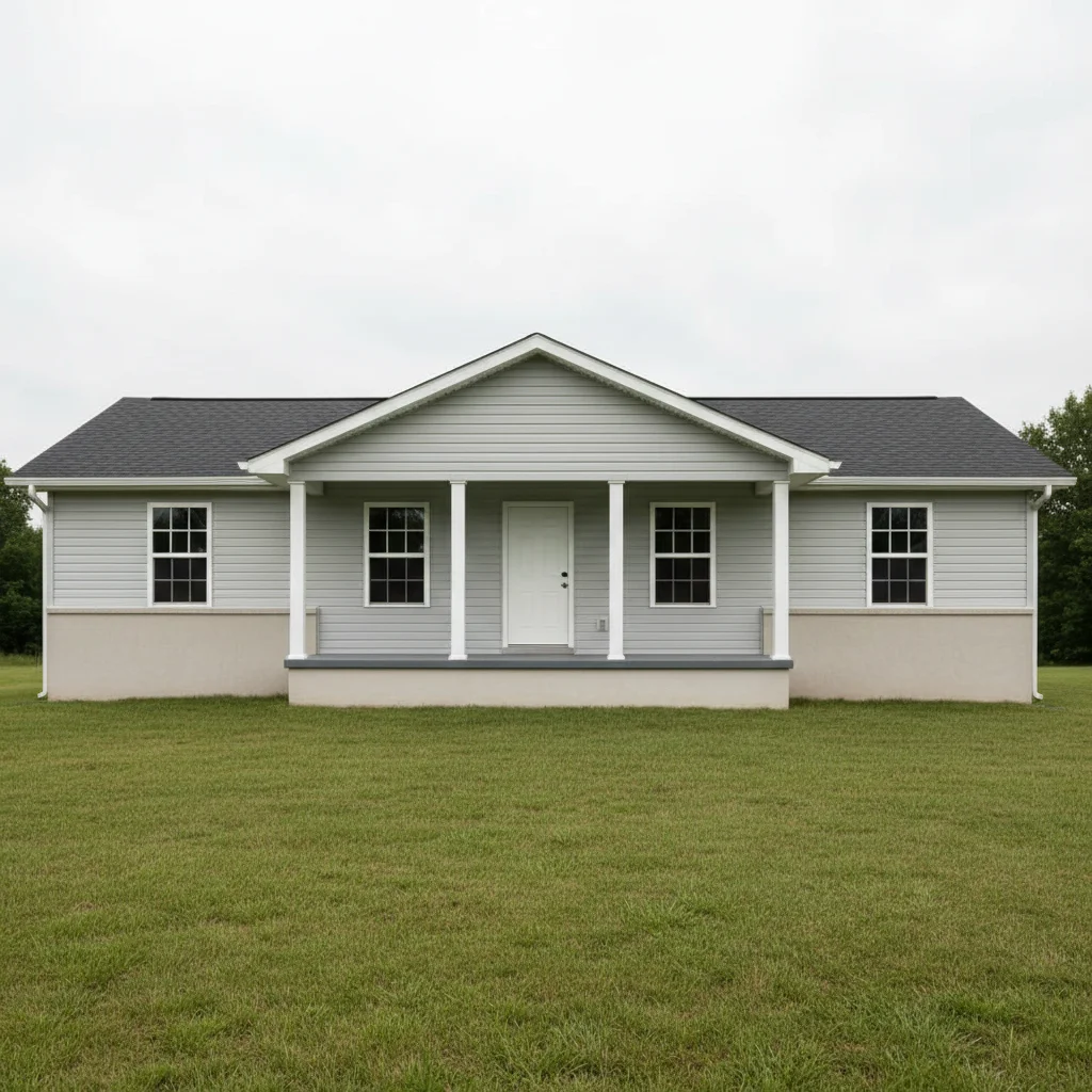 Ranch house with plain stucco foundation and no stone veneer accents