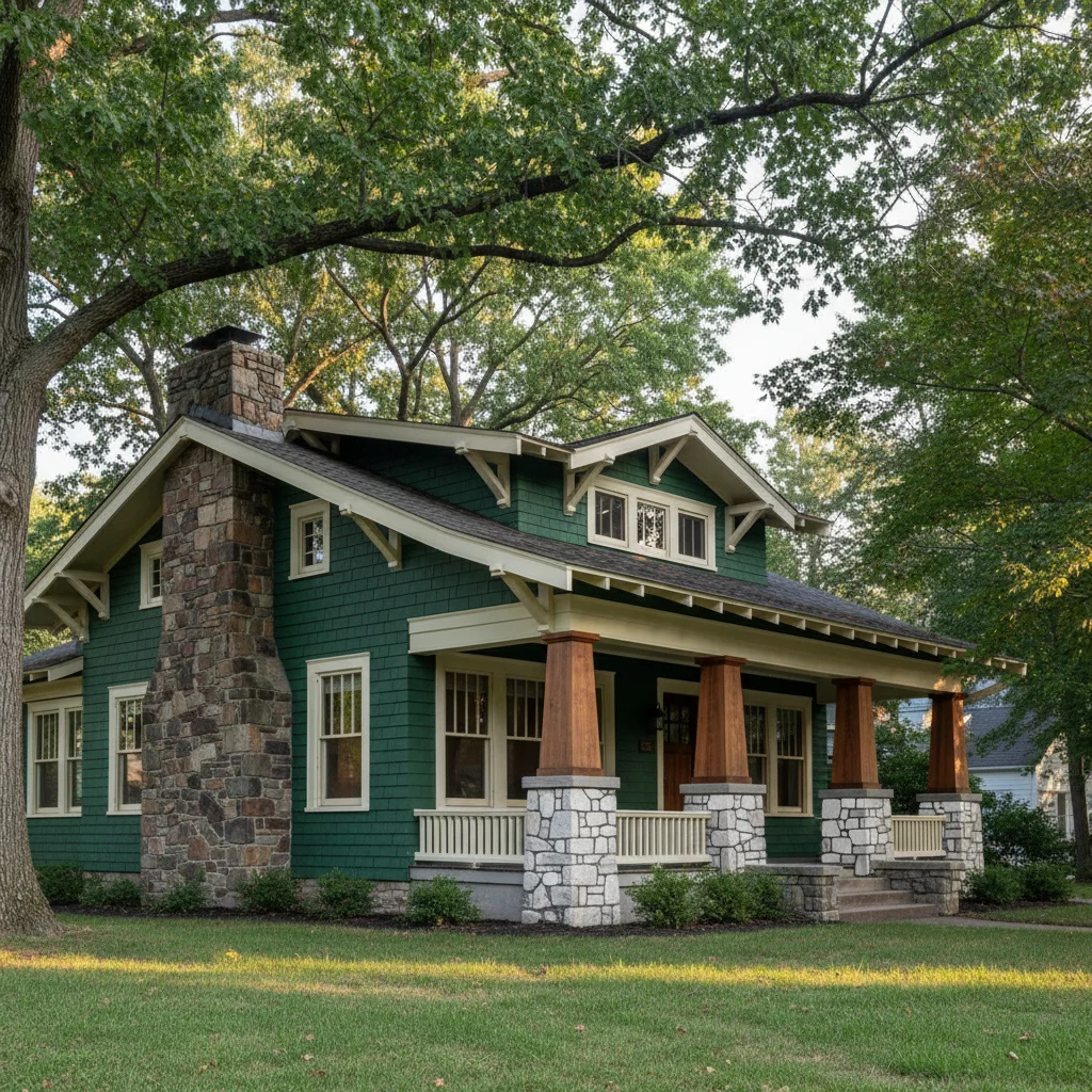 Craftsman bungalow with green painted siding before stone veneer preview