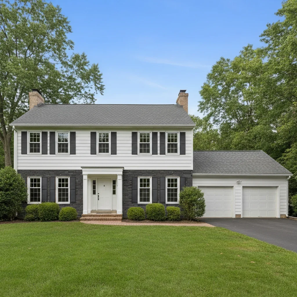 Same colonial house with dark charcoal stacked stone applied from contractor's reference sample