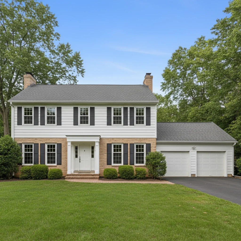 Colonial house with beige brick lower half before stone veneer comparison