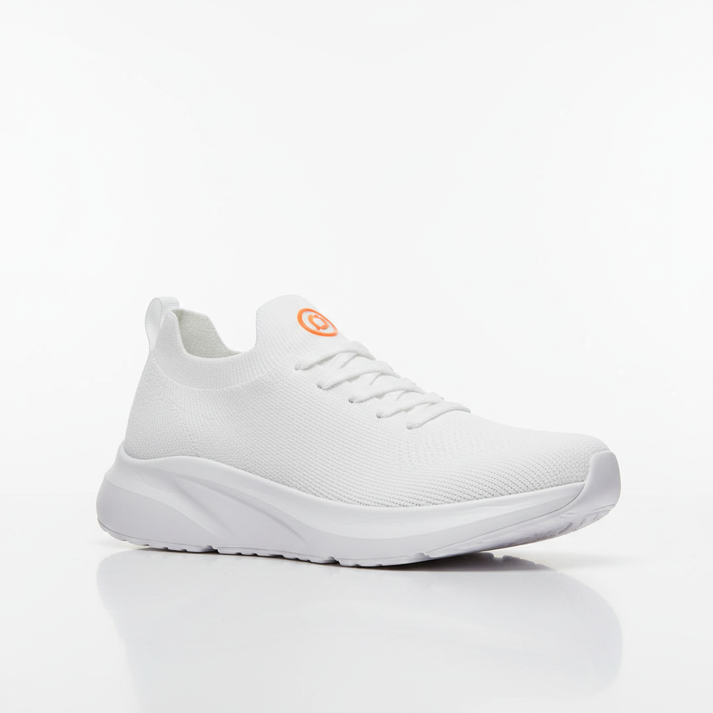 White performance sneaker with orange logo on white surface