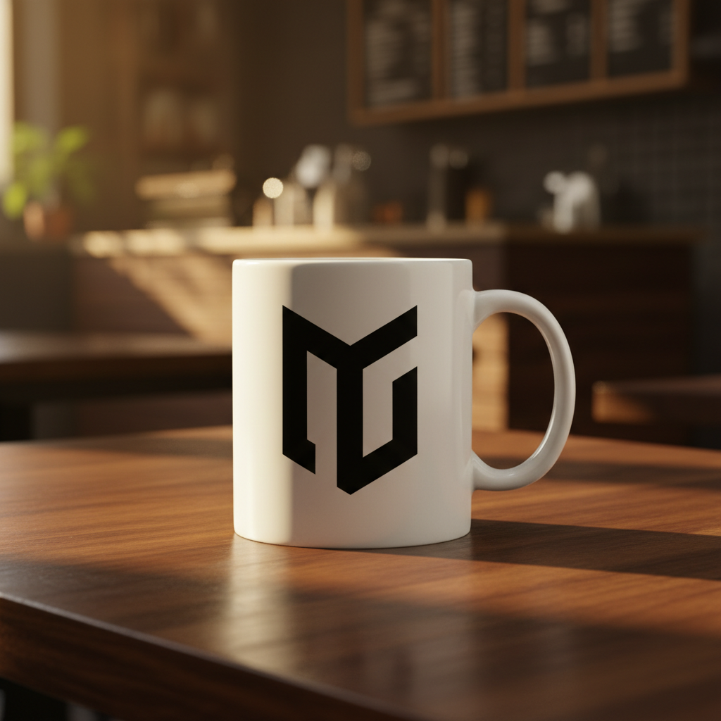 Coffee mug composited onto a warm wooden cafe table with ambient light and natural shadow