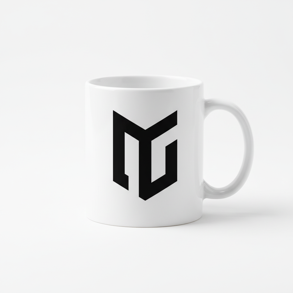 White ceramic coffee mug with black logo isolated on white background