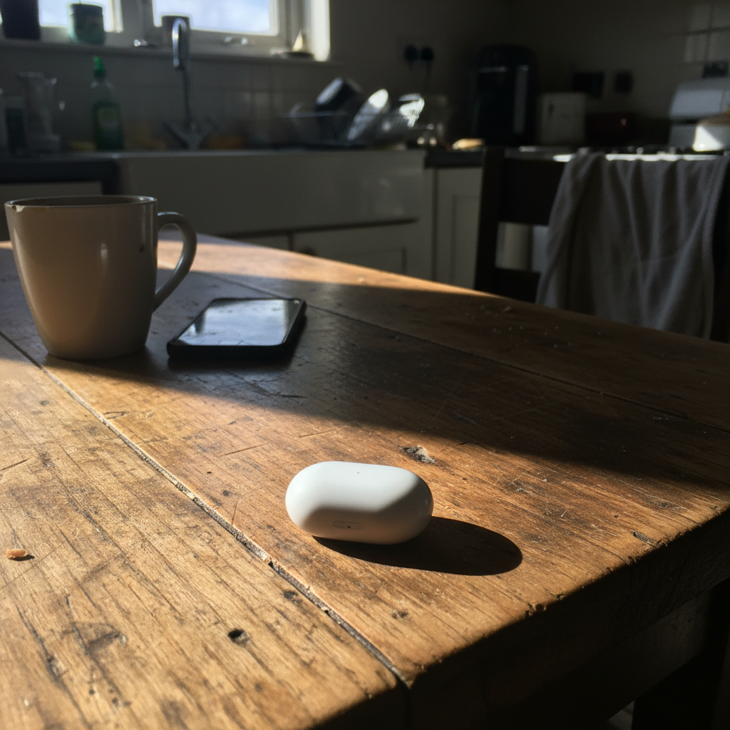 Electronics on kitchen table with harsh shadows and messy background