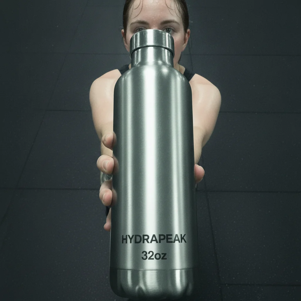 The same person and bottle on a plain backdrop in neutral light
