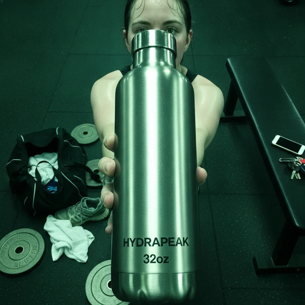 Person at a gym holding a steel water bottle under harsh fluorescent light with kit scattered behind them