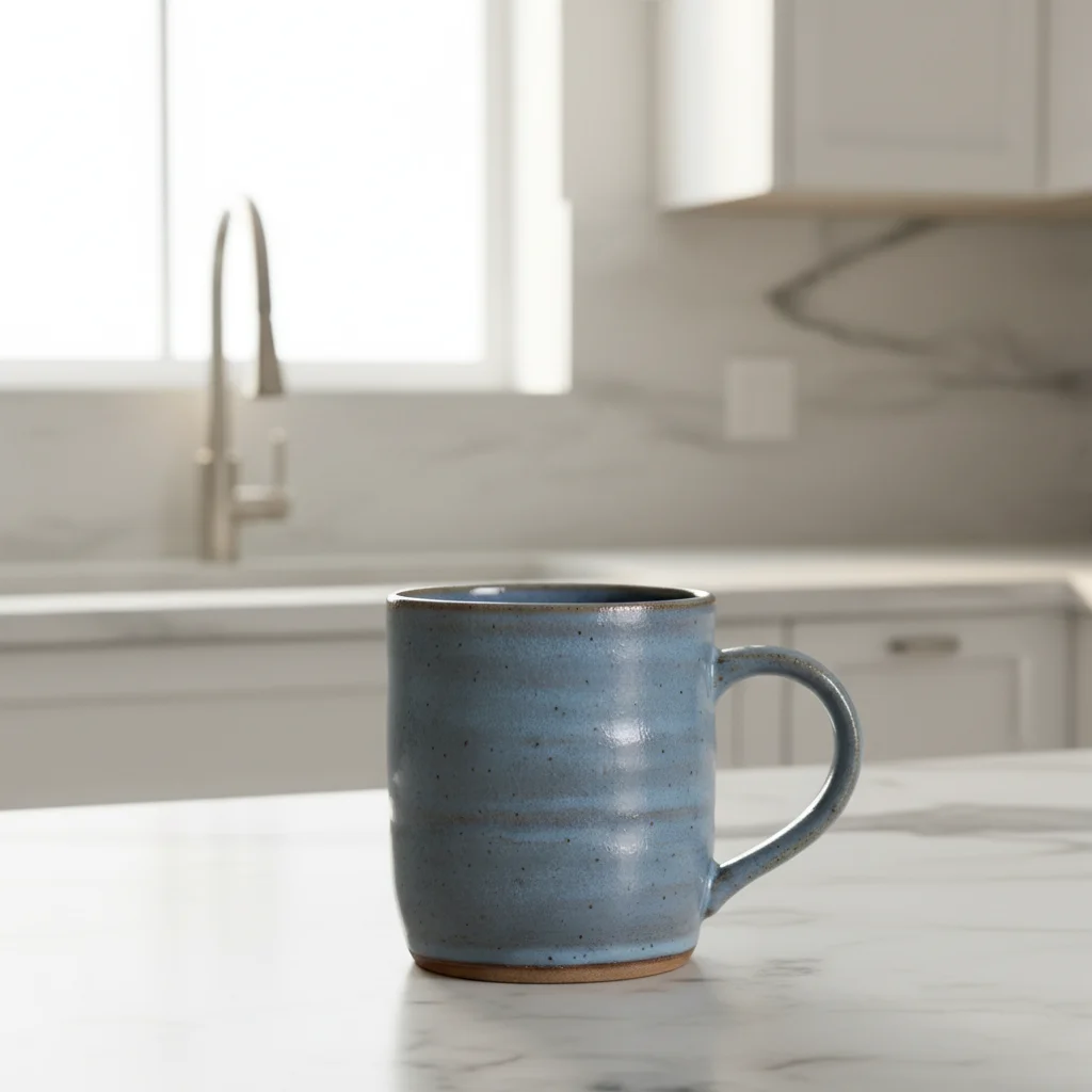 Blue ceramic mug in modern kitchen with marble countertop