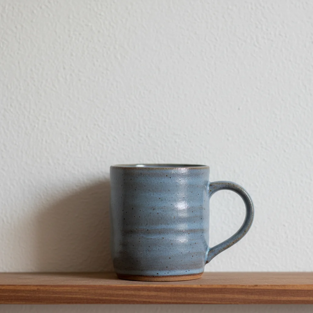 Blue ceramic mug against plain beige wall