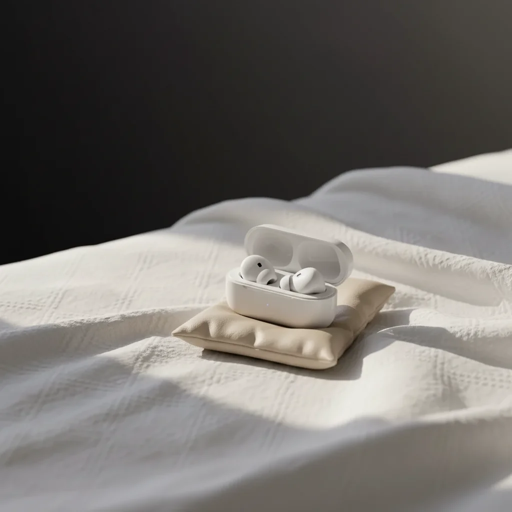 White wireless earbuds on dark gradient backdrop with rim lighting