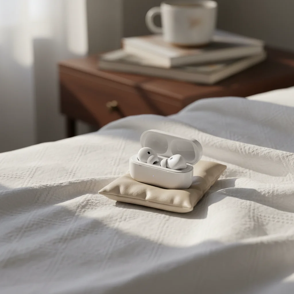 White wireless earbuds on wrinkled gray bedsheet