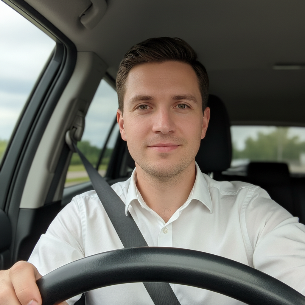 Man's car selfie with steering wheel and seatbelt visible
