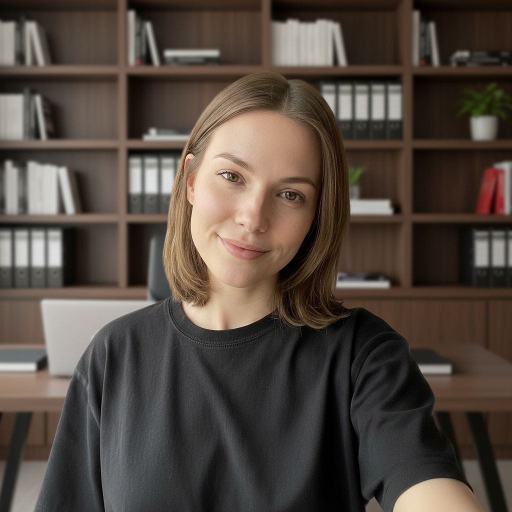 Professional headshot with office bookshelves background