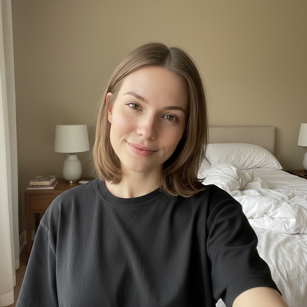 Woman's bedroom selfie with unmade bed and nightstand visible
