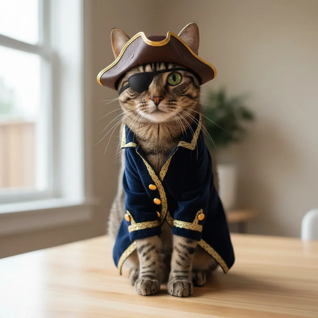 Same cat wearing a pirate costume with hat and eye patch