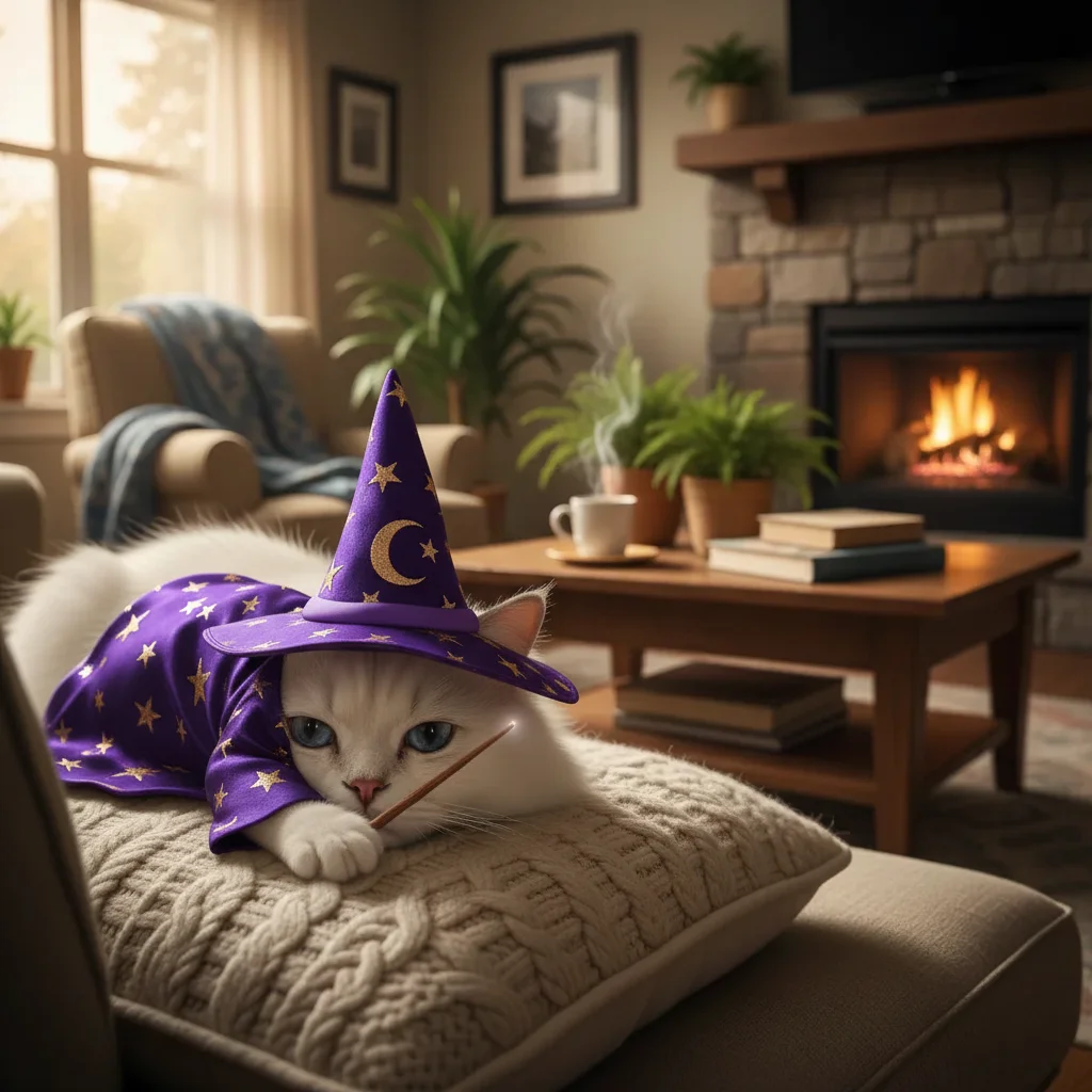Same cat wearing a wizard robe and pointy hat