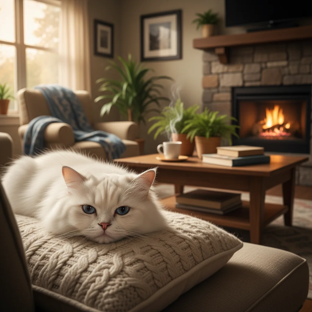 Fluffy white cat at rest