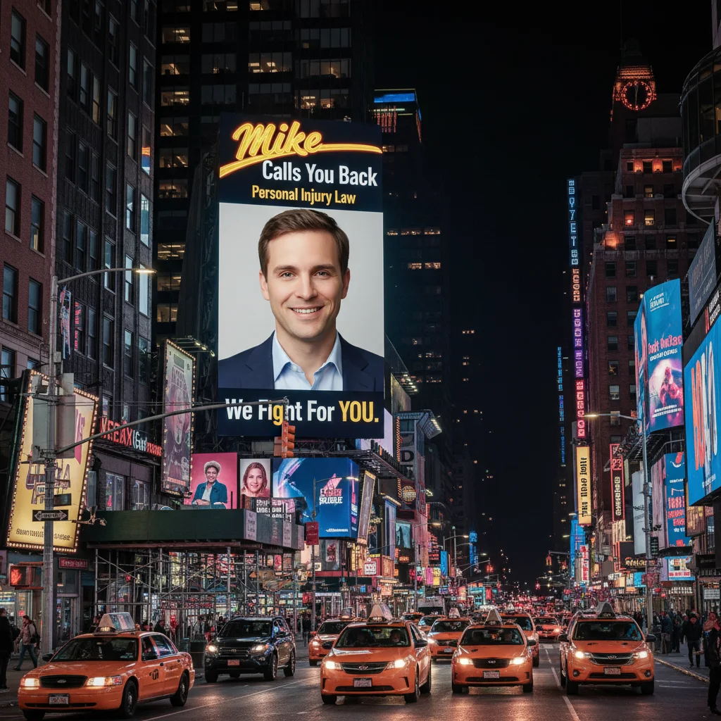 The same man's face on a glowing Times Square billboard advertising a fictional law firm at night