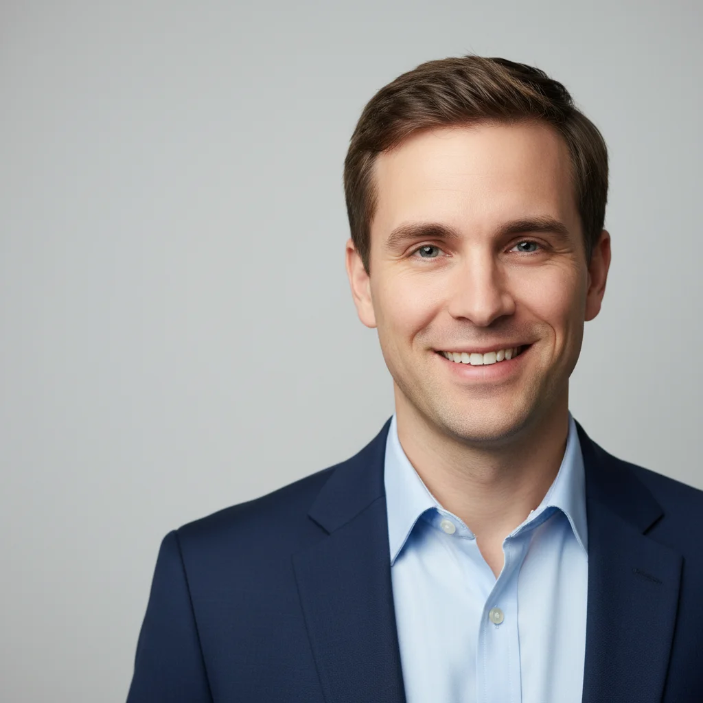 Corporate headshot of a smiling man against a gray background