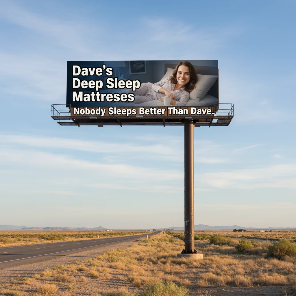 The woman's face on a sun-drenched highway billboard advertising a fictional mattress store